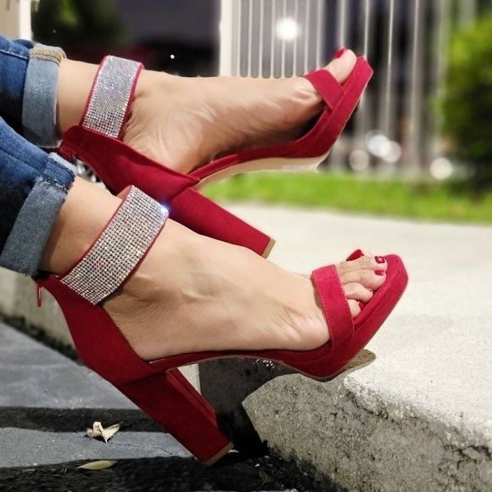 Women's Rhinestone Ankle Band Chunky High Heels Wine Color - Picture 3 of 7